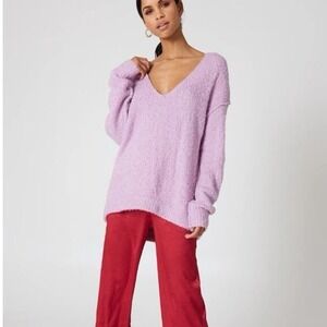 Free People Lofty Oversized V Neck Alpaca Blend Sweater Lilac Purple Women Small